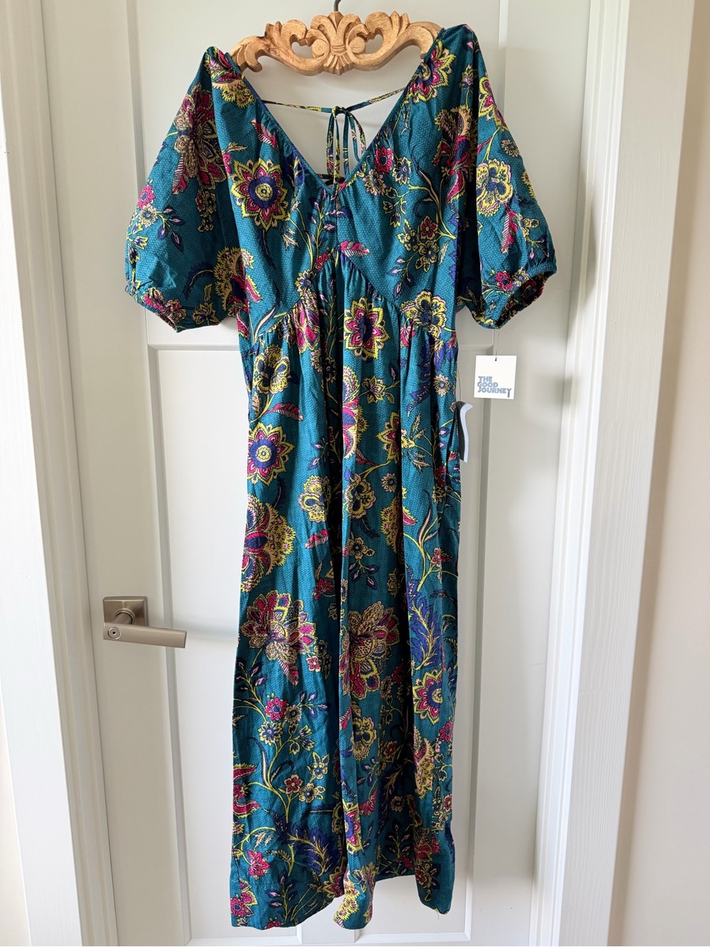 Women’s Teal Floral Maxi Dress with Puff Sleeves